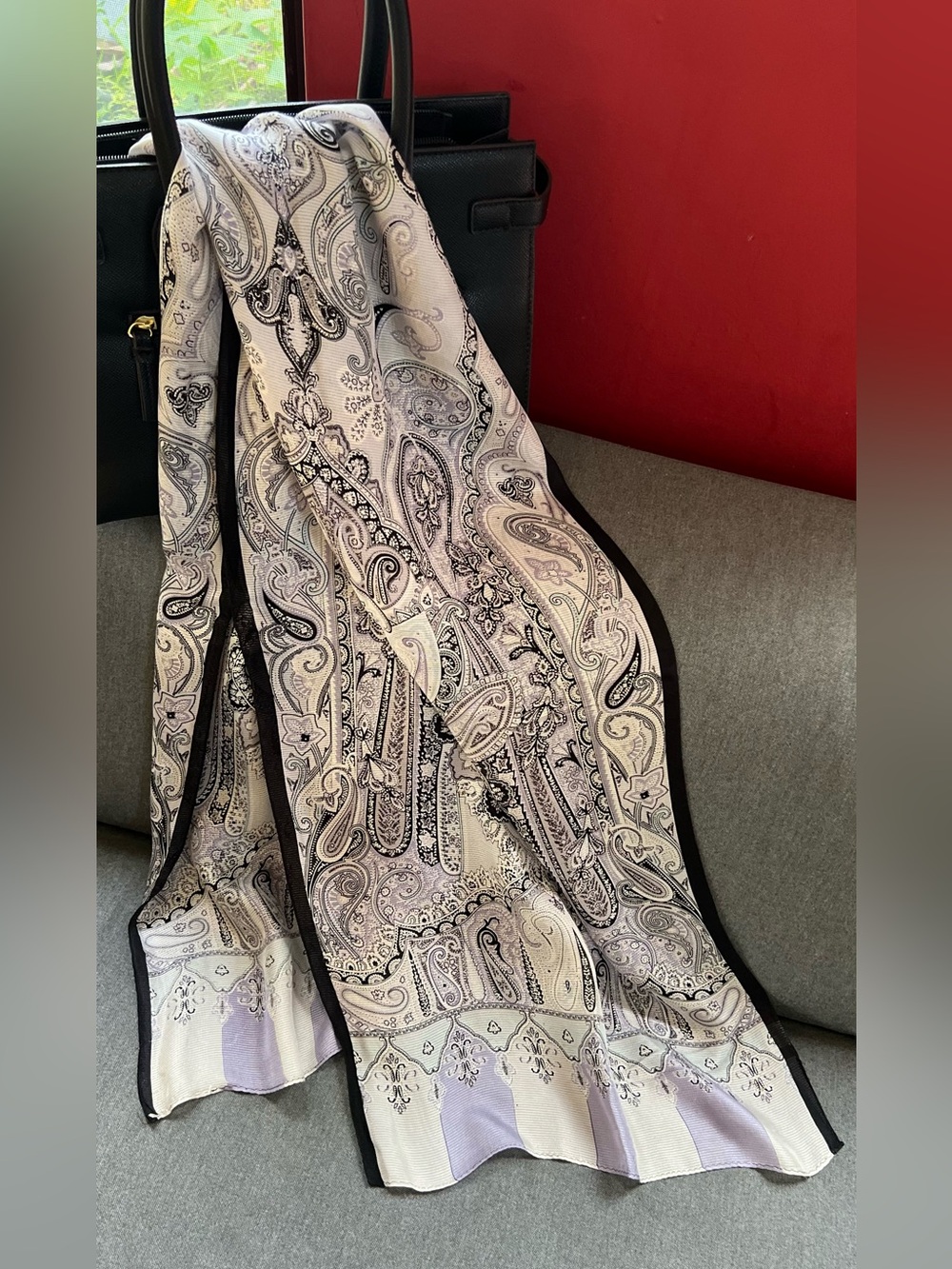 Charles Jourdan Vintage Silk Scarf Black Grey Purple Paisley Shawl 16.5” x 54”